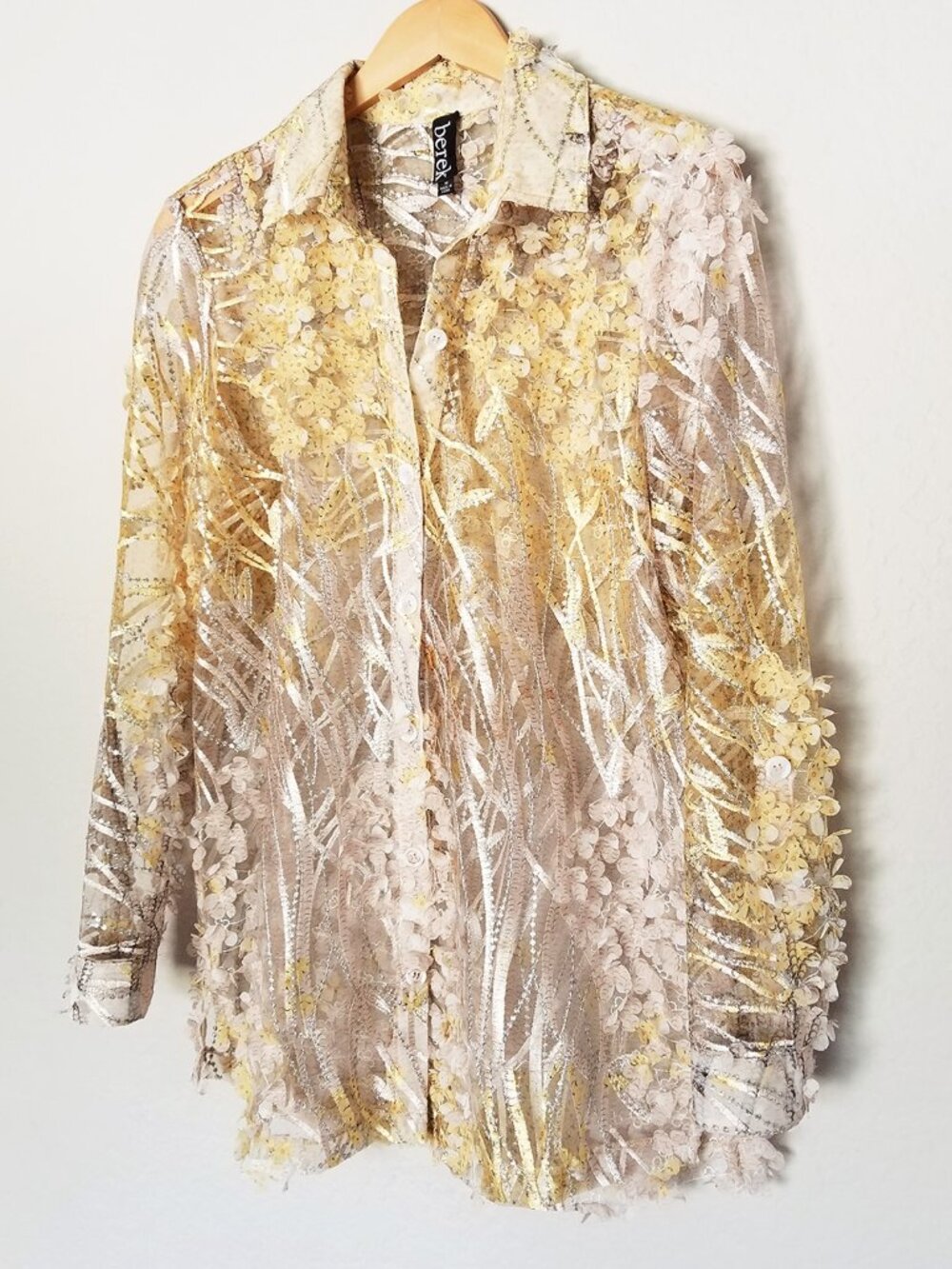 Berek 3D Floral Sheer Metallic Yellow Champagne Button Up Shirt Blouse Top M Art